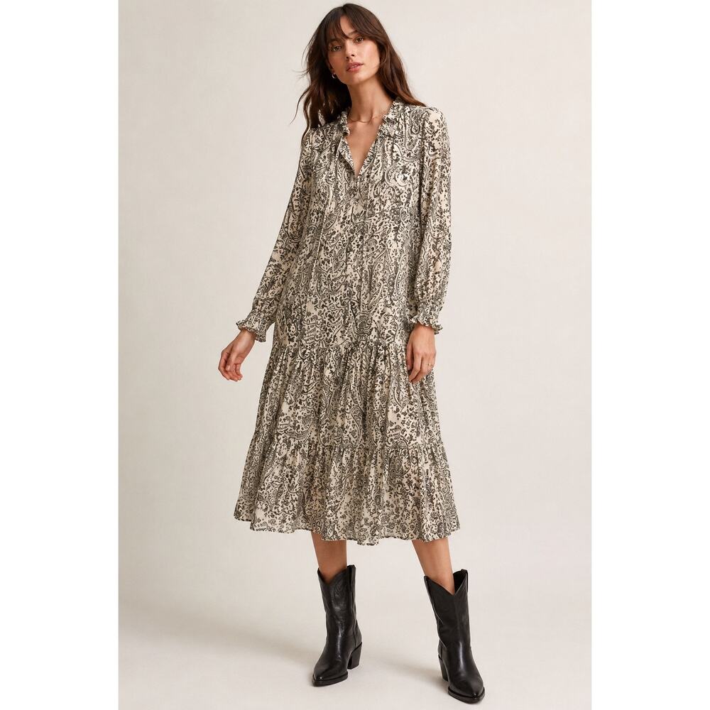 Anthropologie OPT Paisley Tiered Prairie Dress Boho Ruffle Midi Small